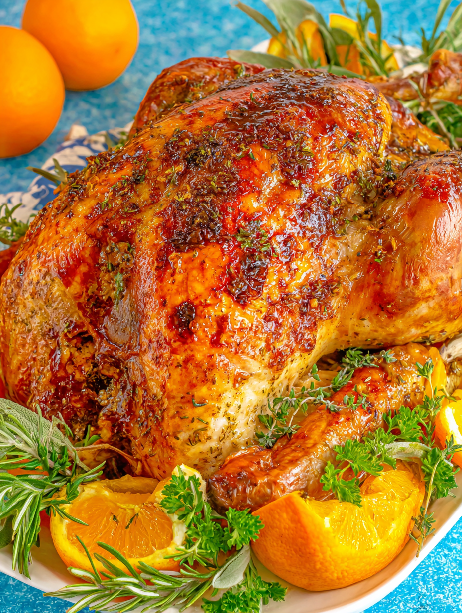 Juicy oven roasted turkey on a roasting rack