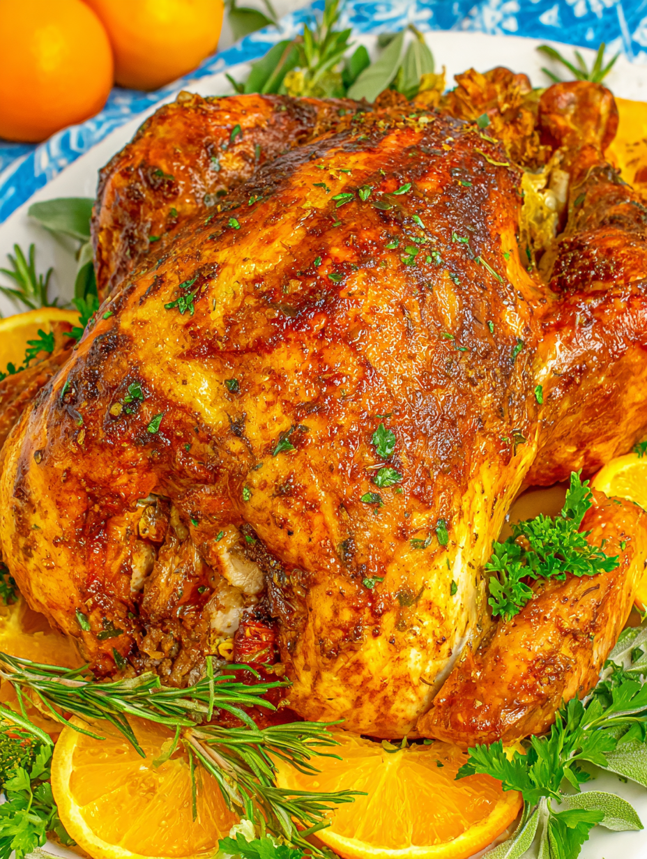 Close up of carved turkey slices with herbs