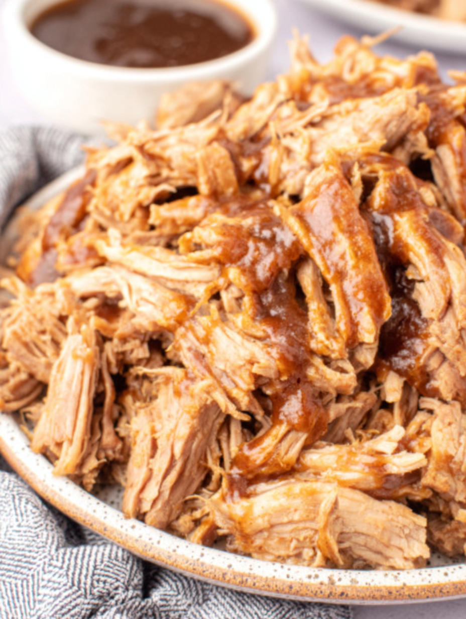 Pulled pork in a slow cooker, ready to be shredded
