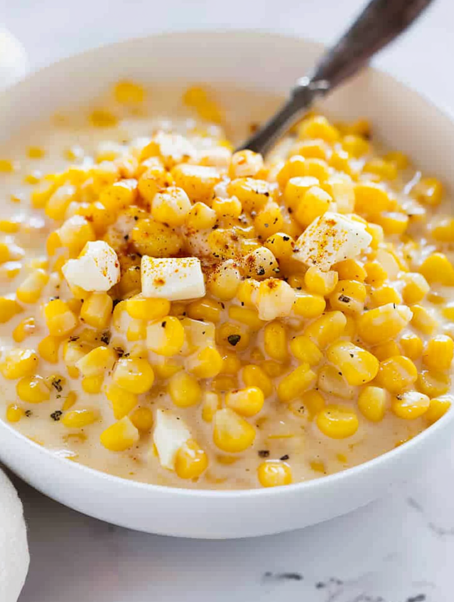 Spoonful of creamy corn ready to serve