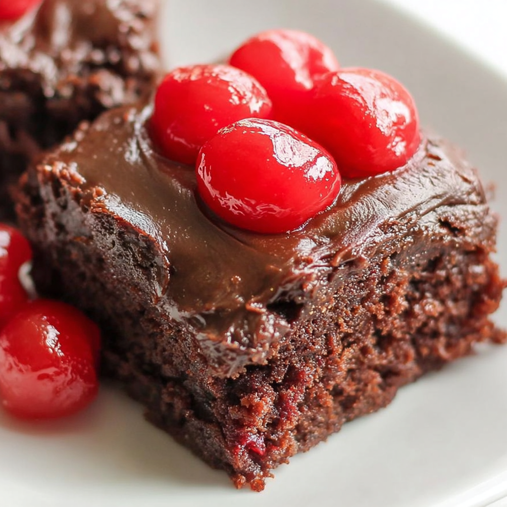 Chocolate cherry bars in a baking dish with glossy frosting