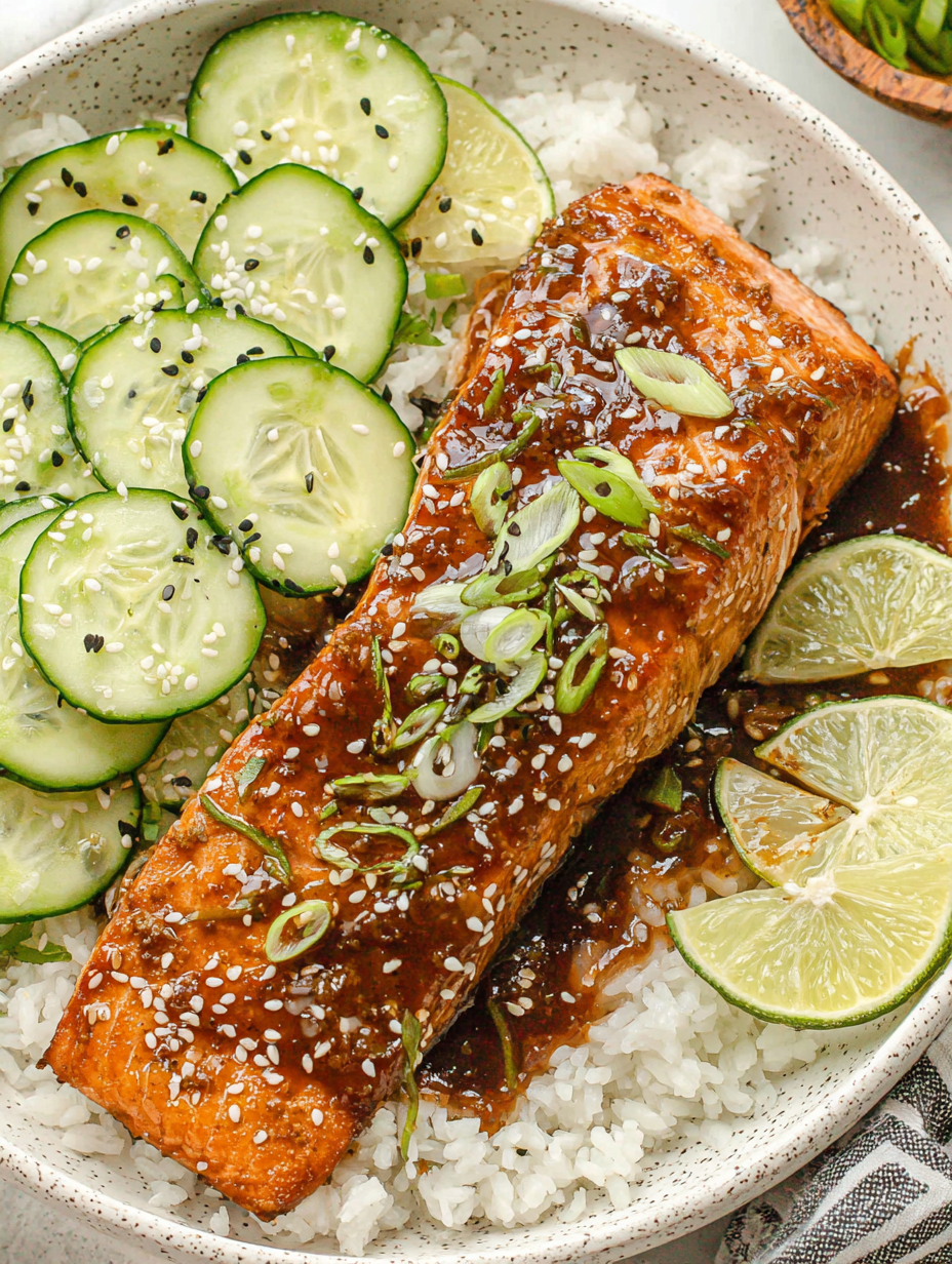 Glazed salmon in a baking dish with green onions