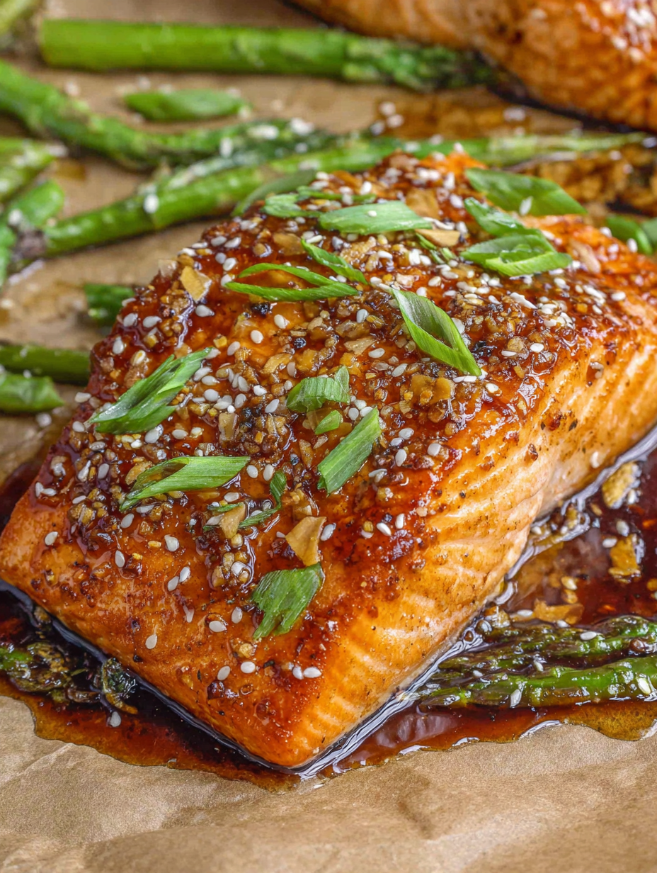Close-up of glazed salmon topped with sesame seeds