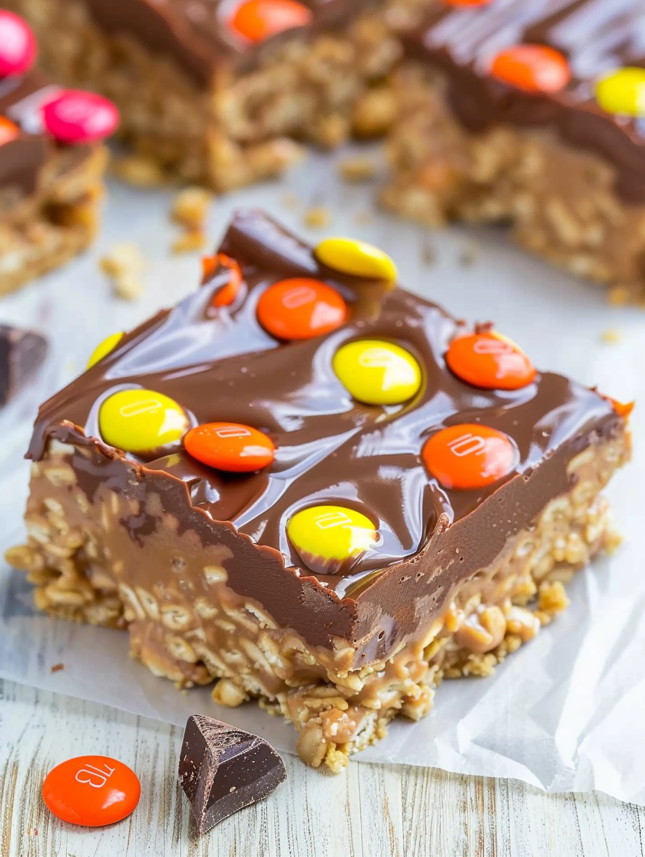 Chocolate-coated peanut butter bars topped with candies