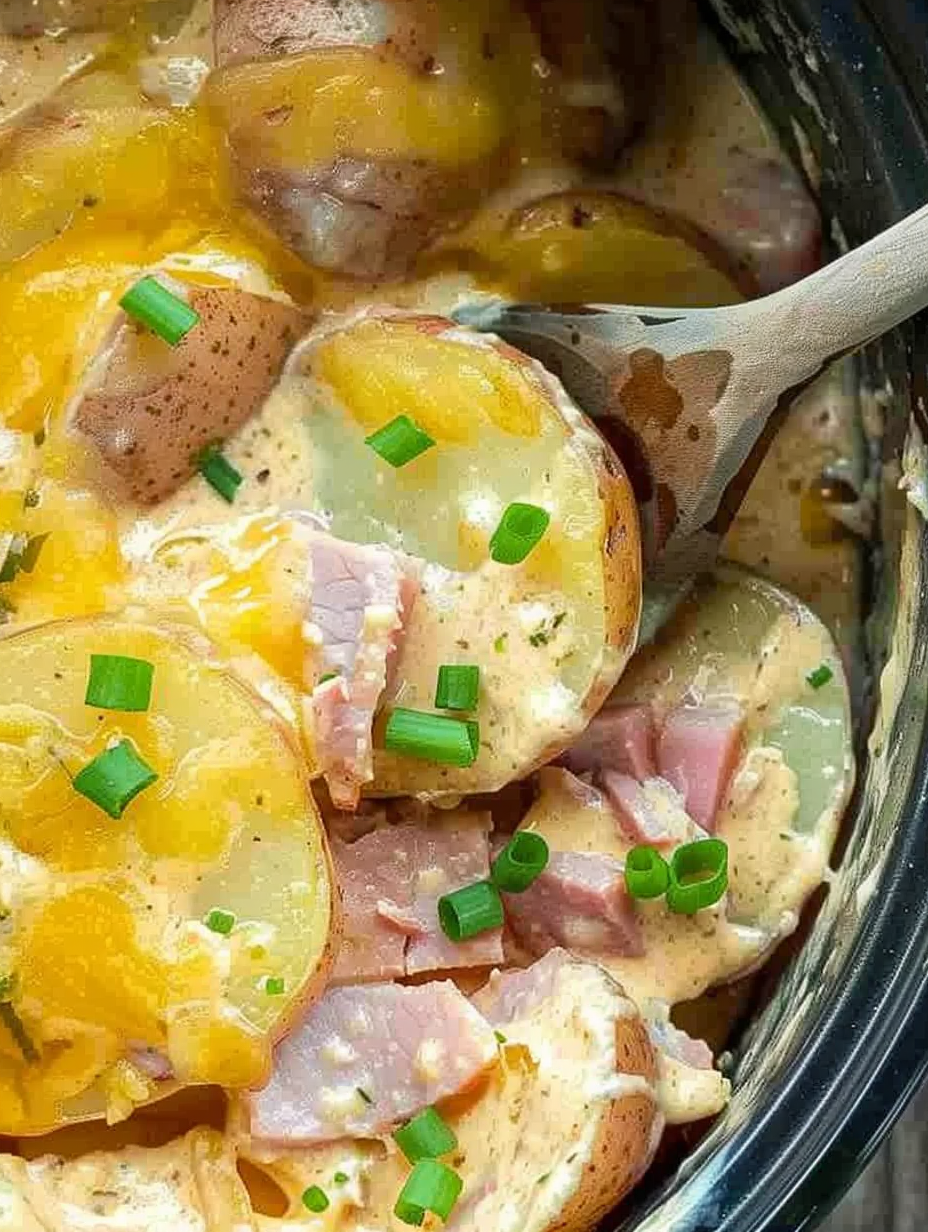 Finished creamy ham and potatoes topped with cheddar and green onions