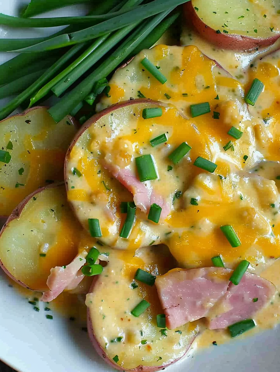 Thinly sliced potatoes layered in a slow cooker