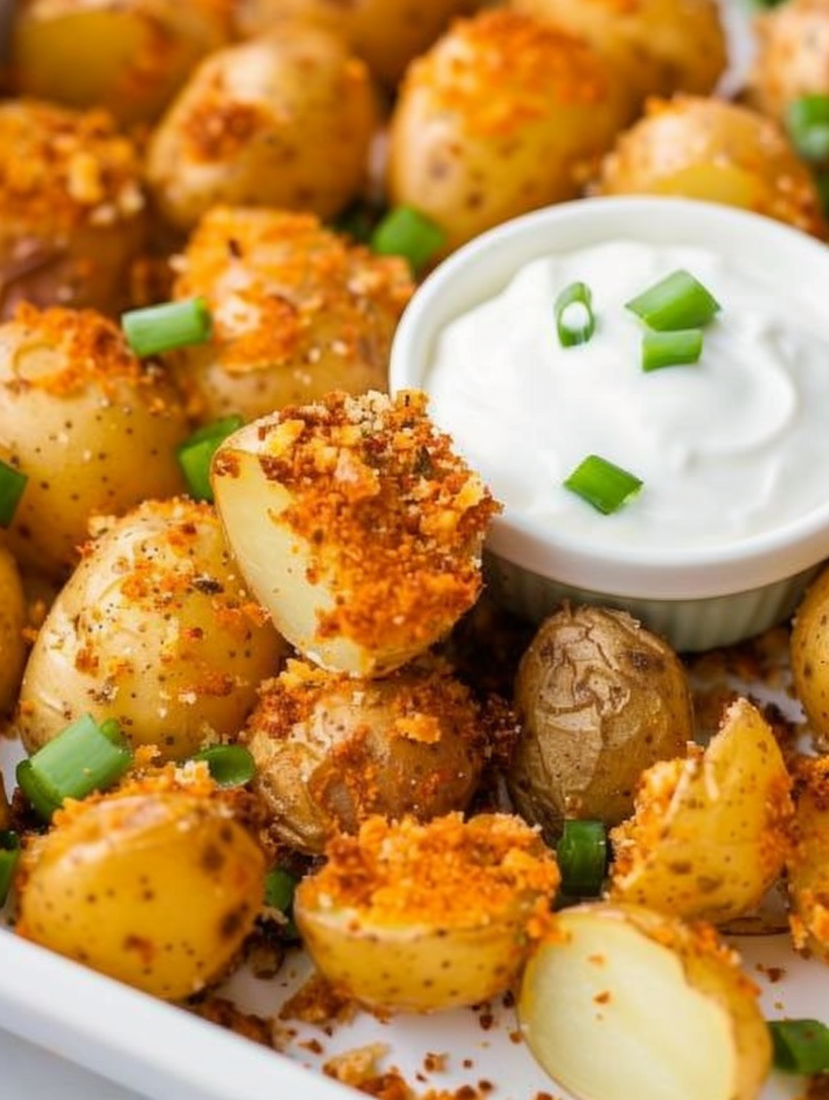Freshly roasted crispy parmesan potatoes in a baking dish
