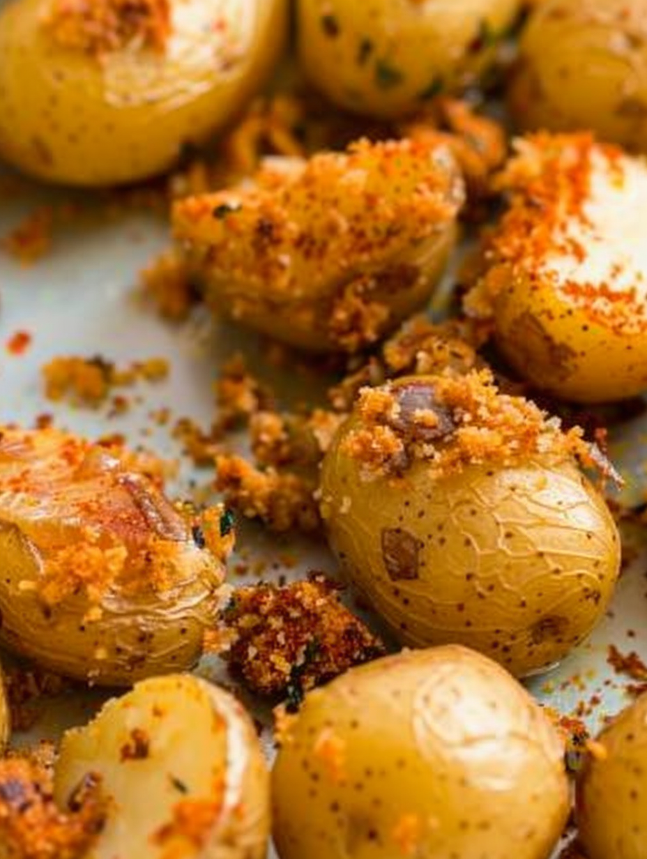 Close up of parmesan crust on roasted potato halves