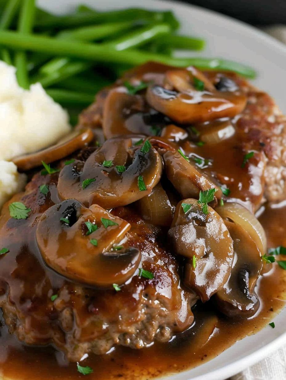 Salisbury steak plated with mashed potatoes