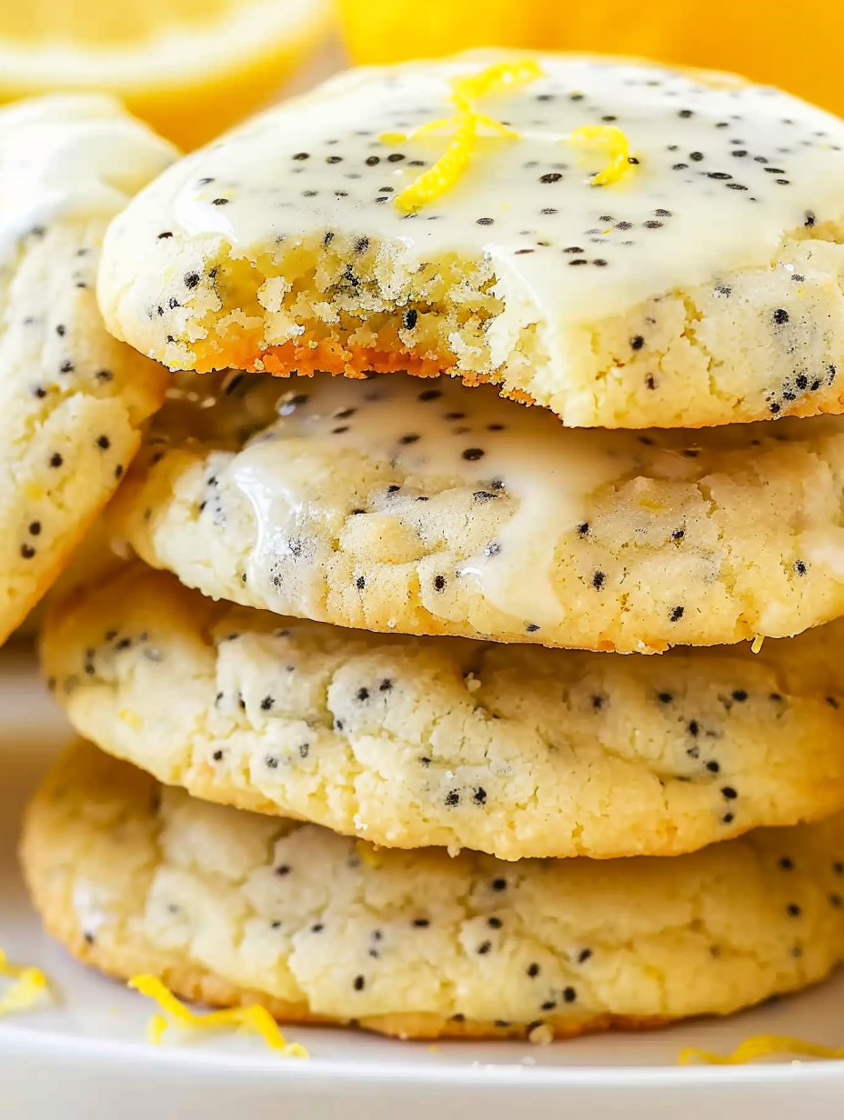 Close up of glazed lemon poppy seed cookies on a cooling rack