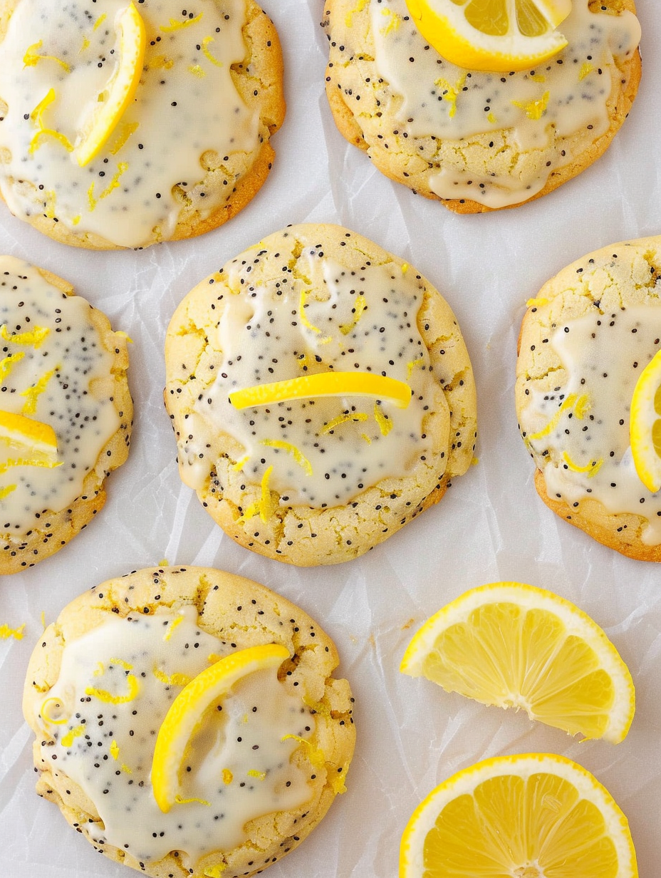 Tray of lemon poppy seed cookies with a small bowl of glaze