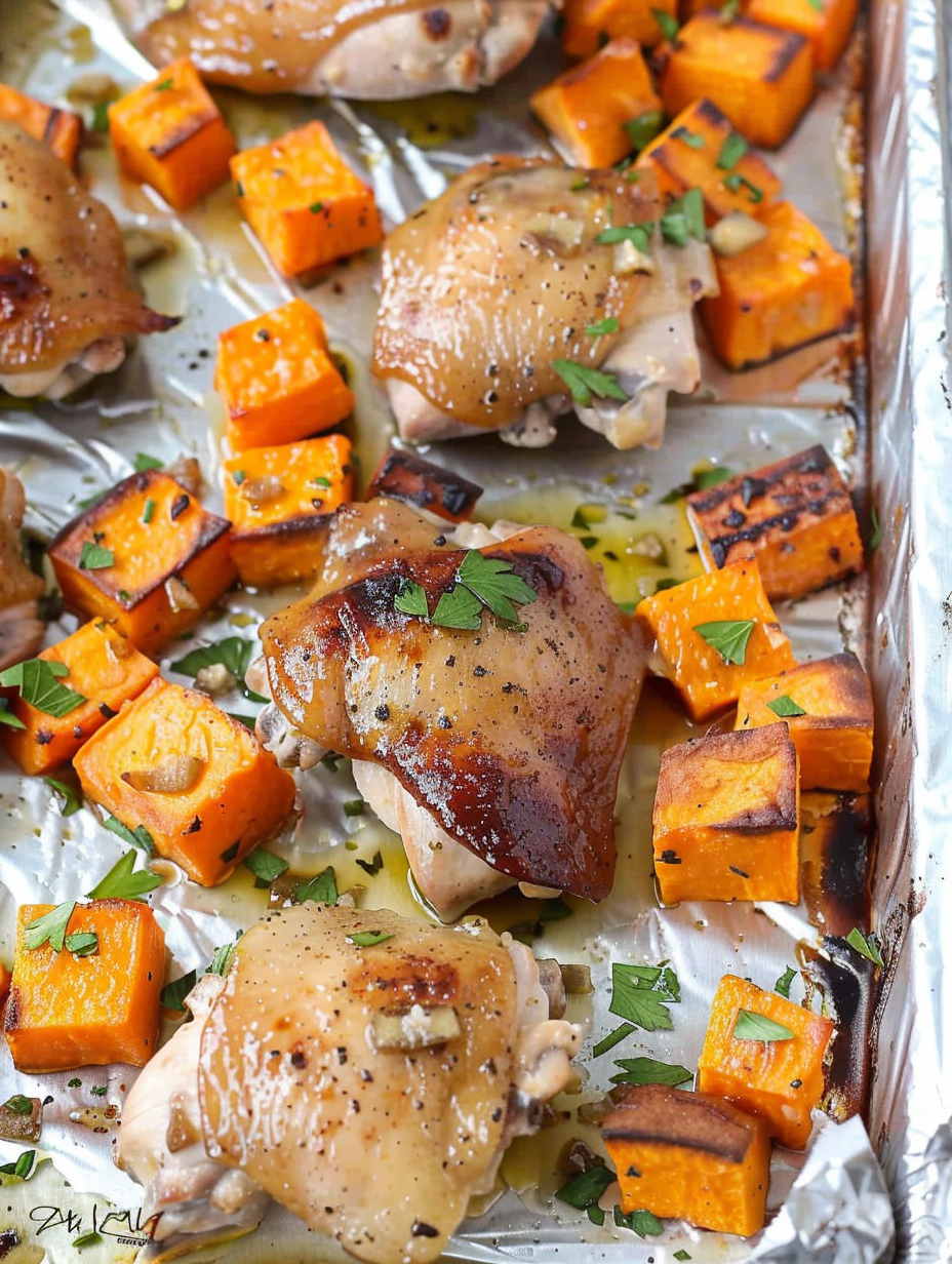 Roasted honey garlic chicken thighs and sweet potatoes on a sheet pan
