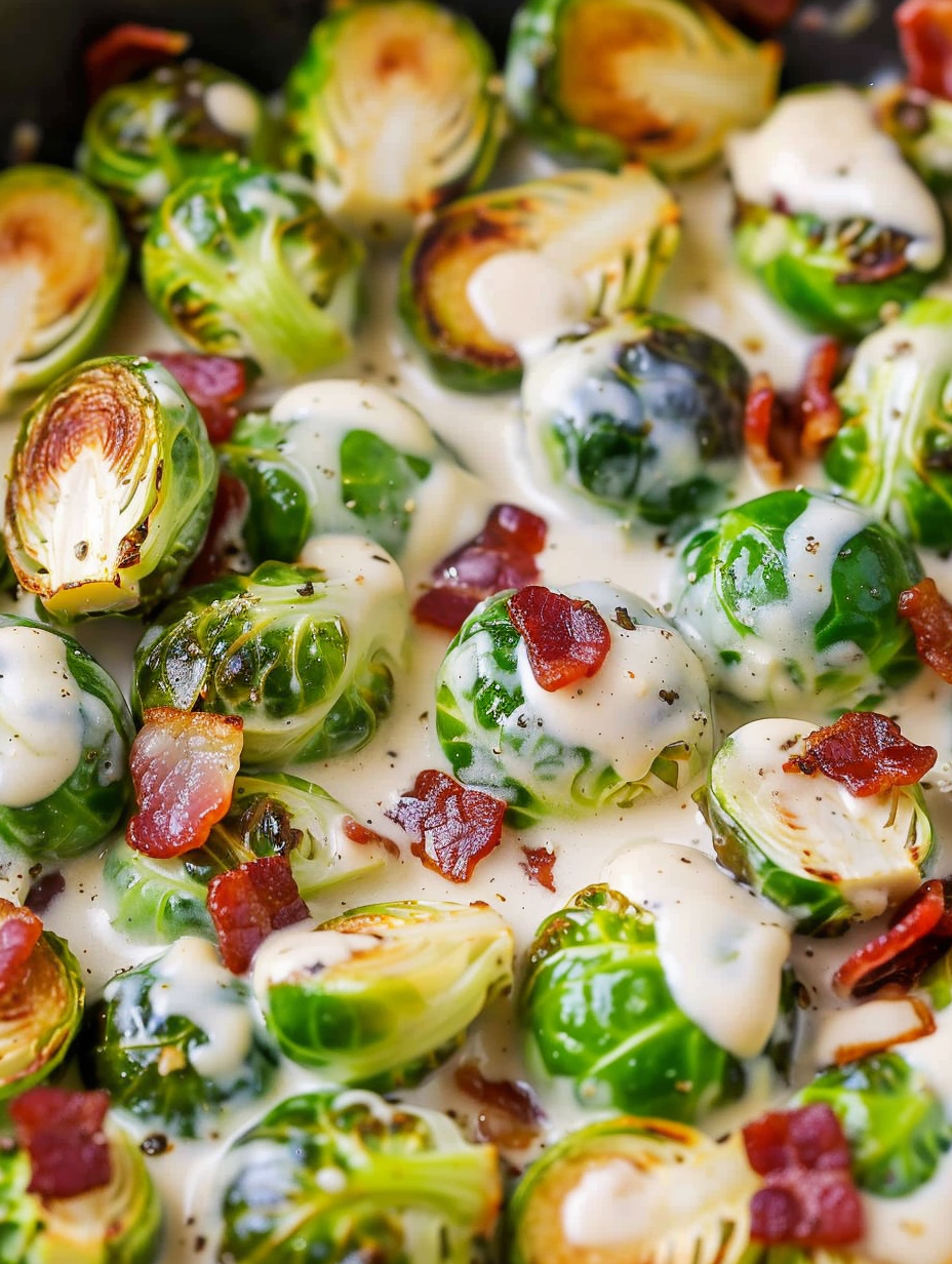 Brussels sprouts in creamy alfredo sauce with bacon