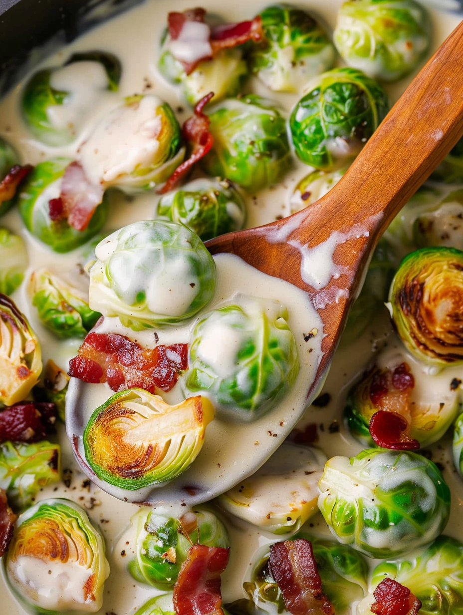 Close-up of creamy Brussels sprouts topped with bacon