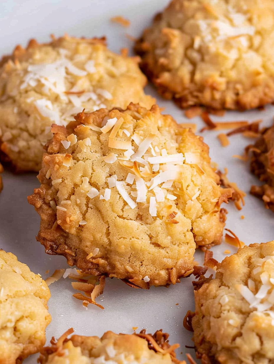 Freshly baked coconut cookies on a parchment-lined sheet