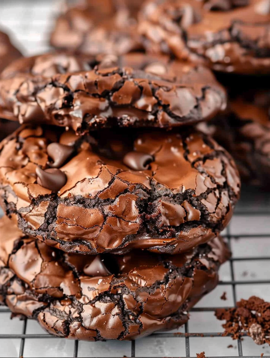 Close-up of a fudgy flourless cookie broken in half