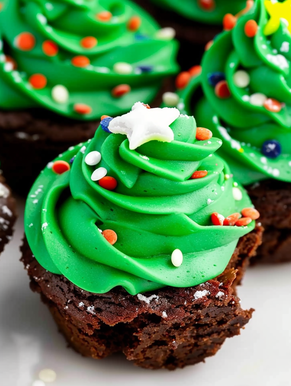 Close-up of a single brownie bite decorated like a Christmas tree
