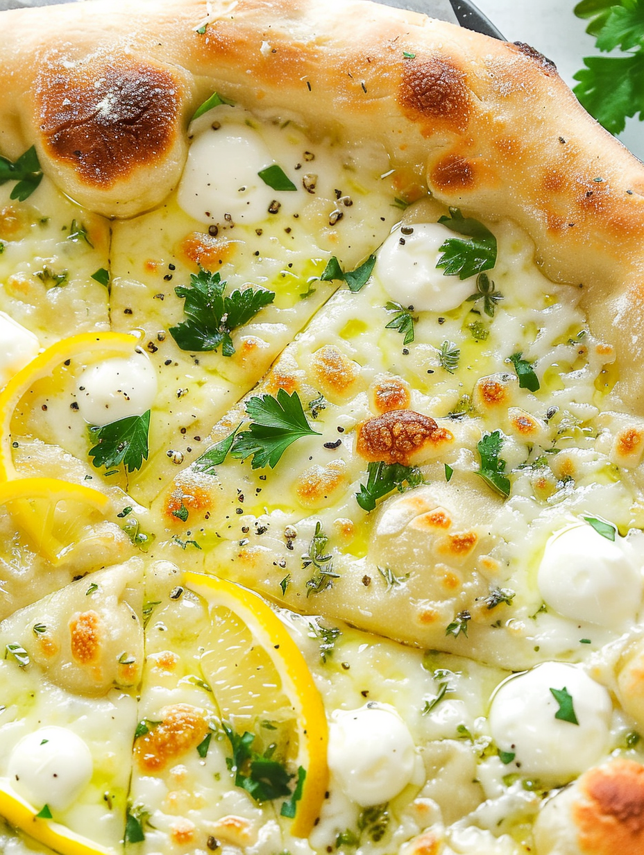 Fresh lemon pizza with melted mozzarella on parchment