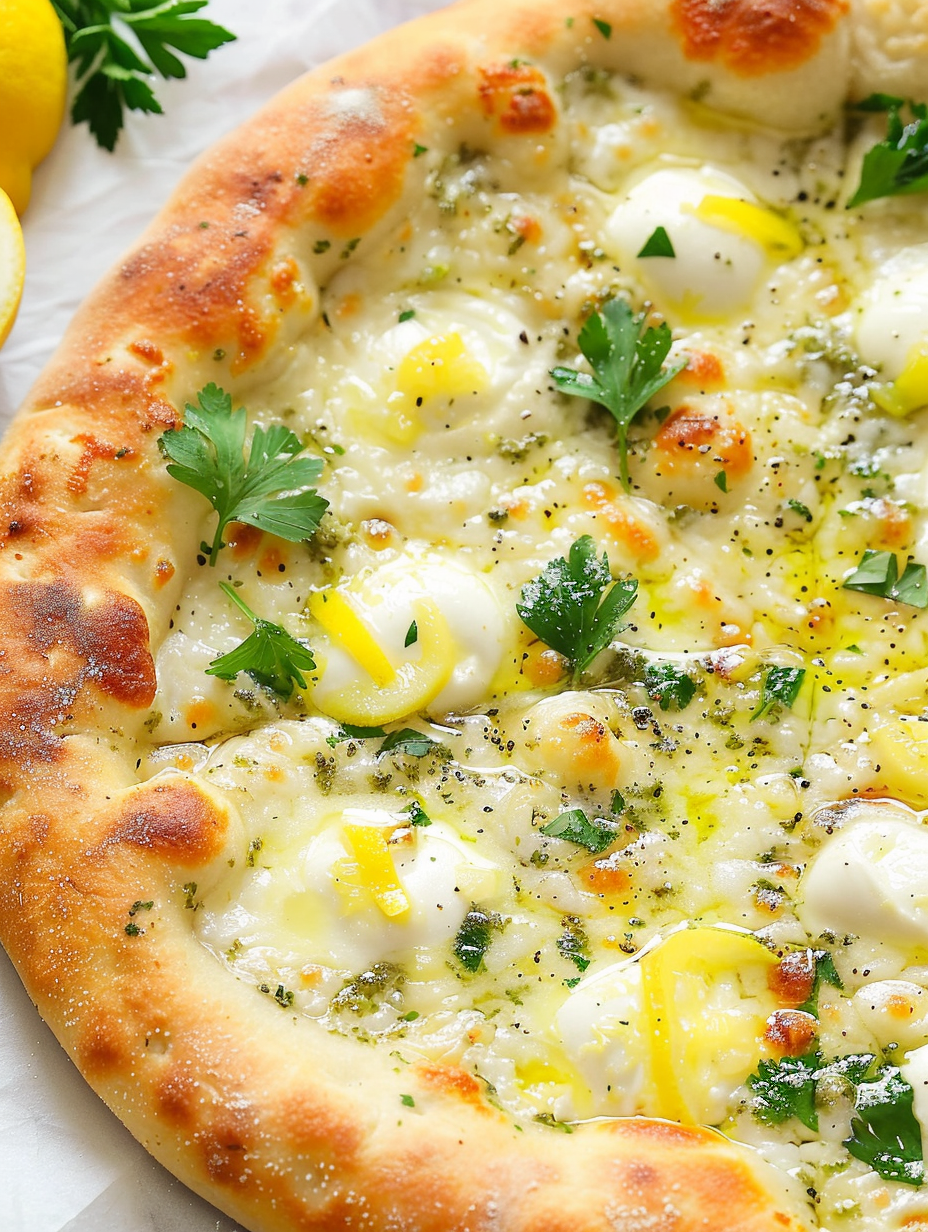 Sliced lemon pizza on a wooden board with parsley garnish