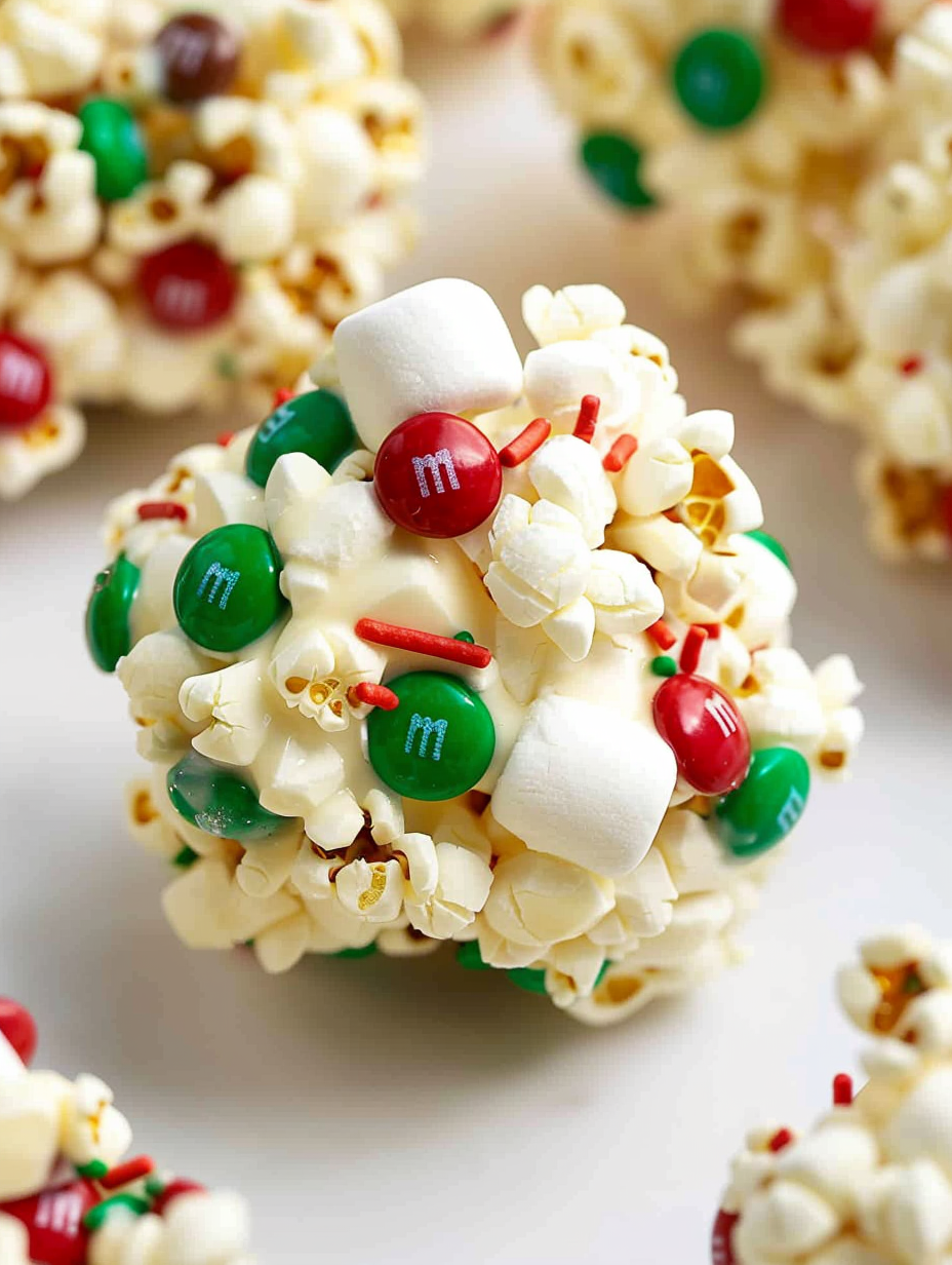 Bowl of Christmas popcorn balls with candies