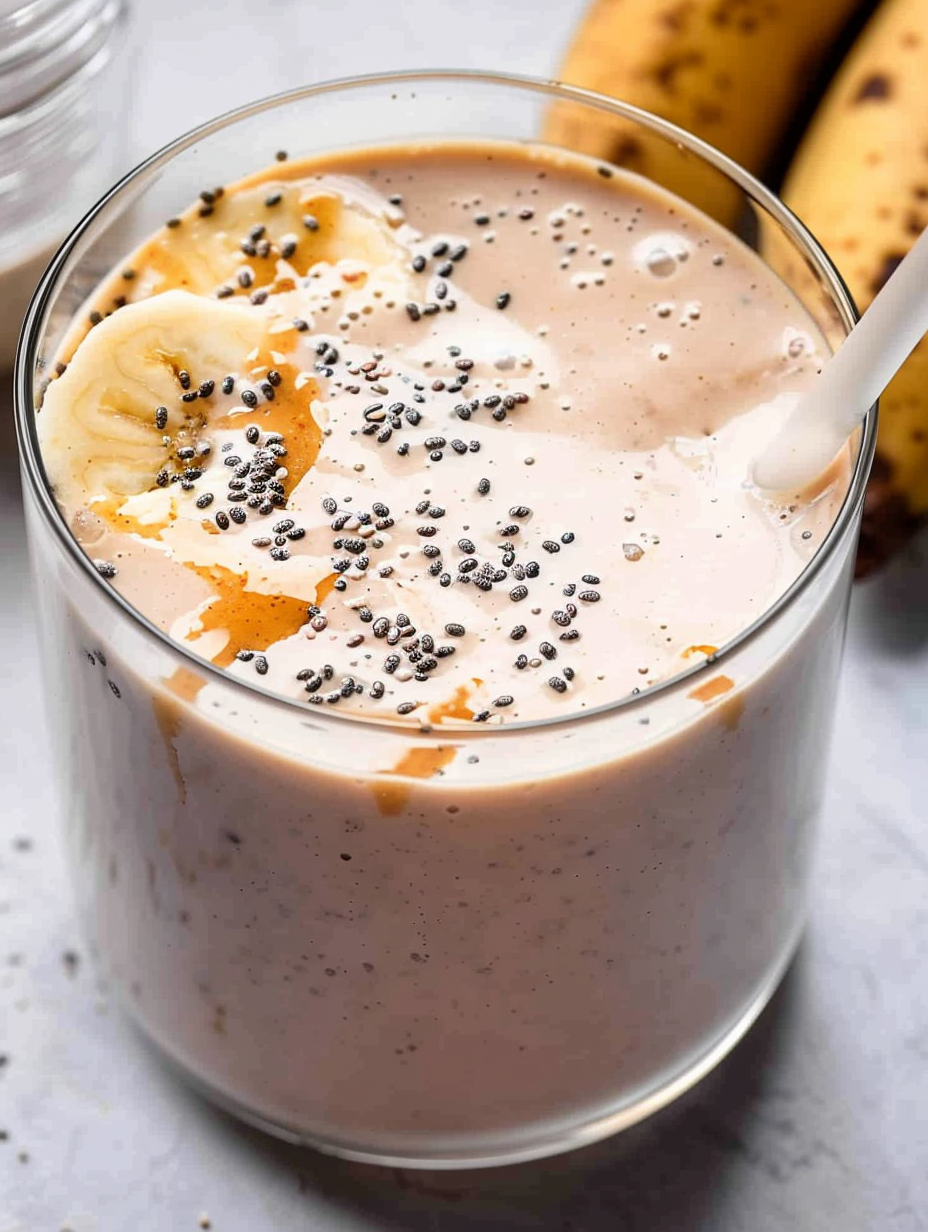 Peanut butter banana smoothie served in glass