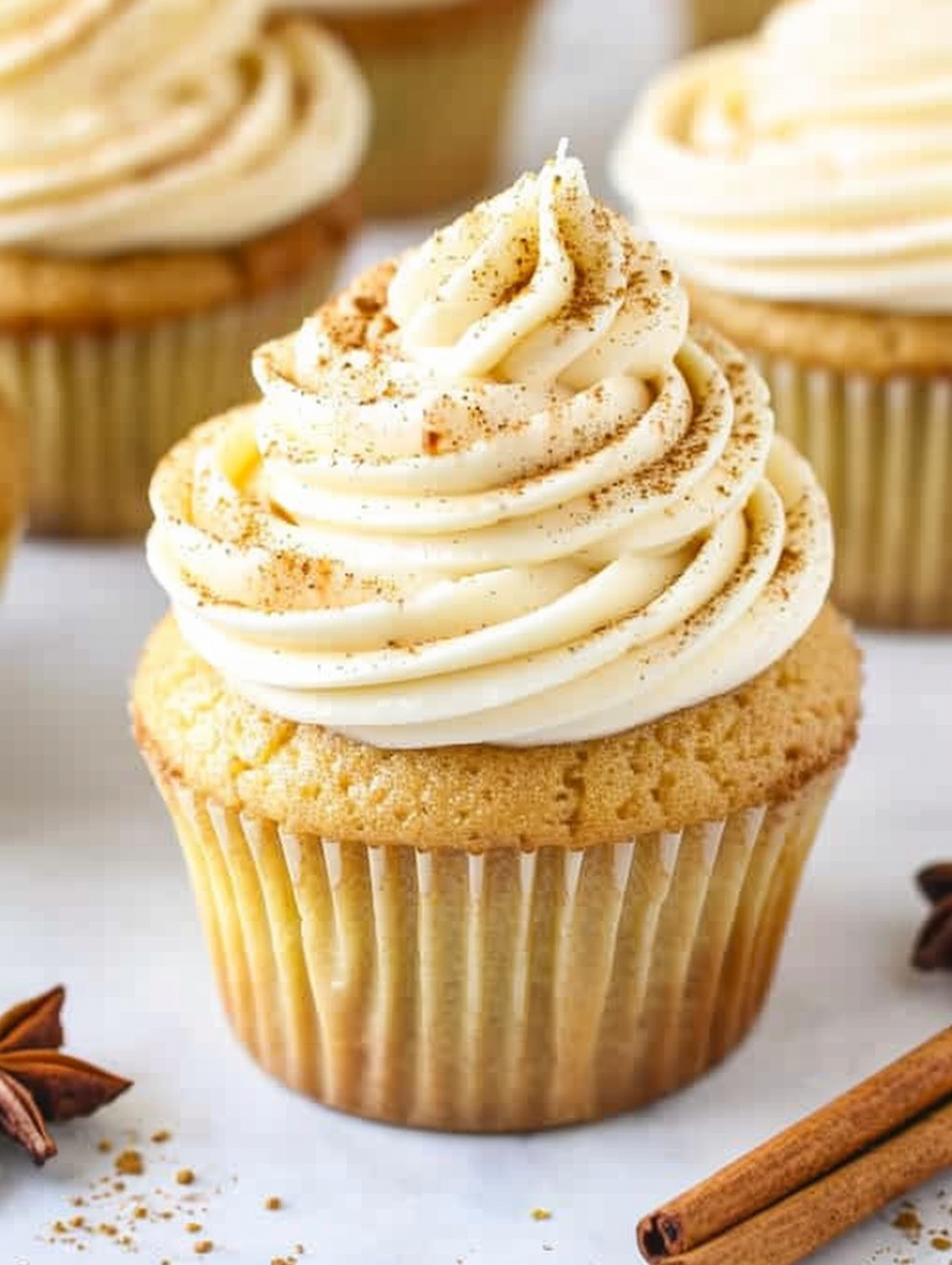 Eggnog cupcakes on a cooling rack with nutmeg dusting
