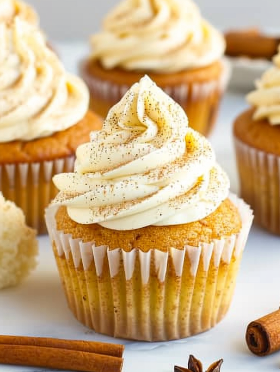 Close-up of eggnog buttercream piped on cupcakes