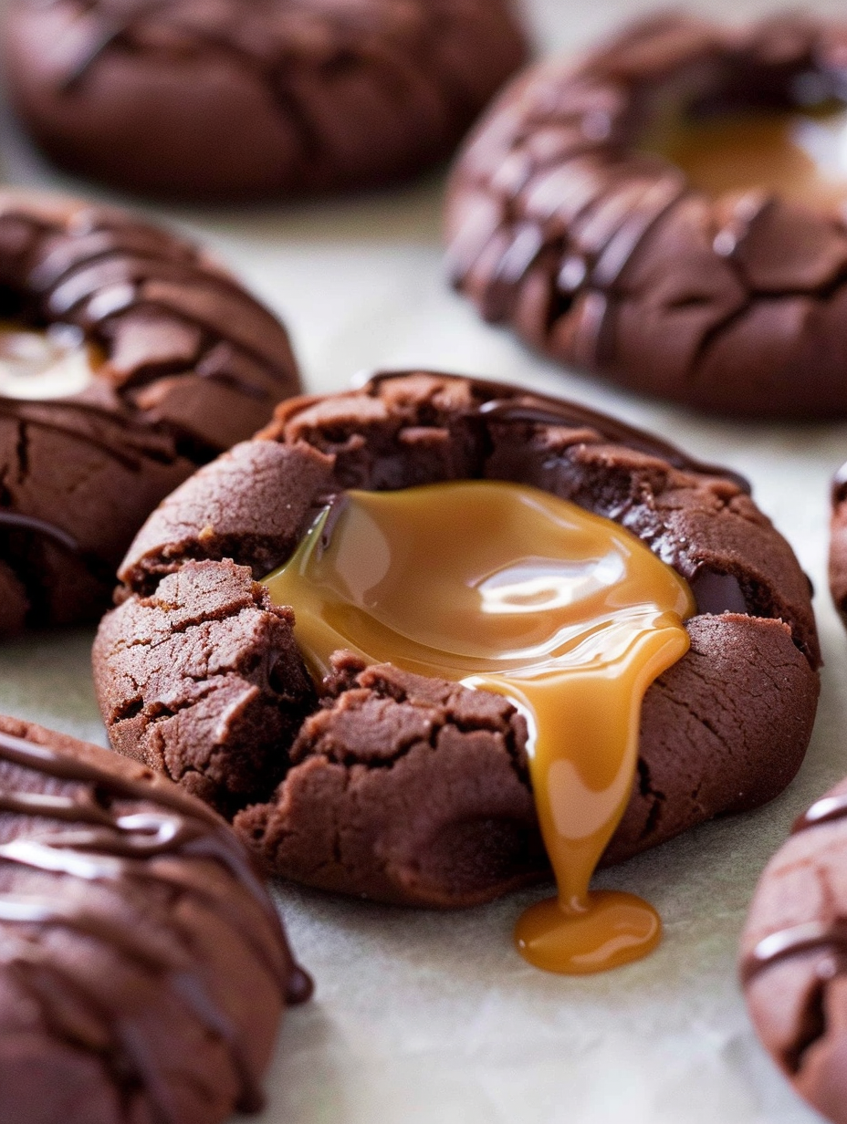 Chocolate caramel thumbprint cookie with glossy chocolate top