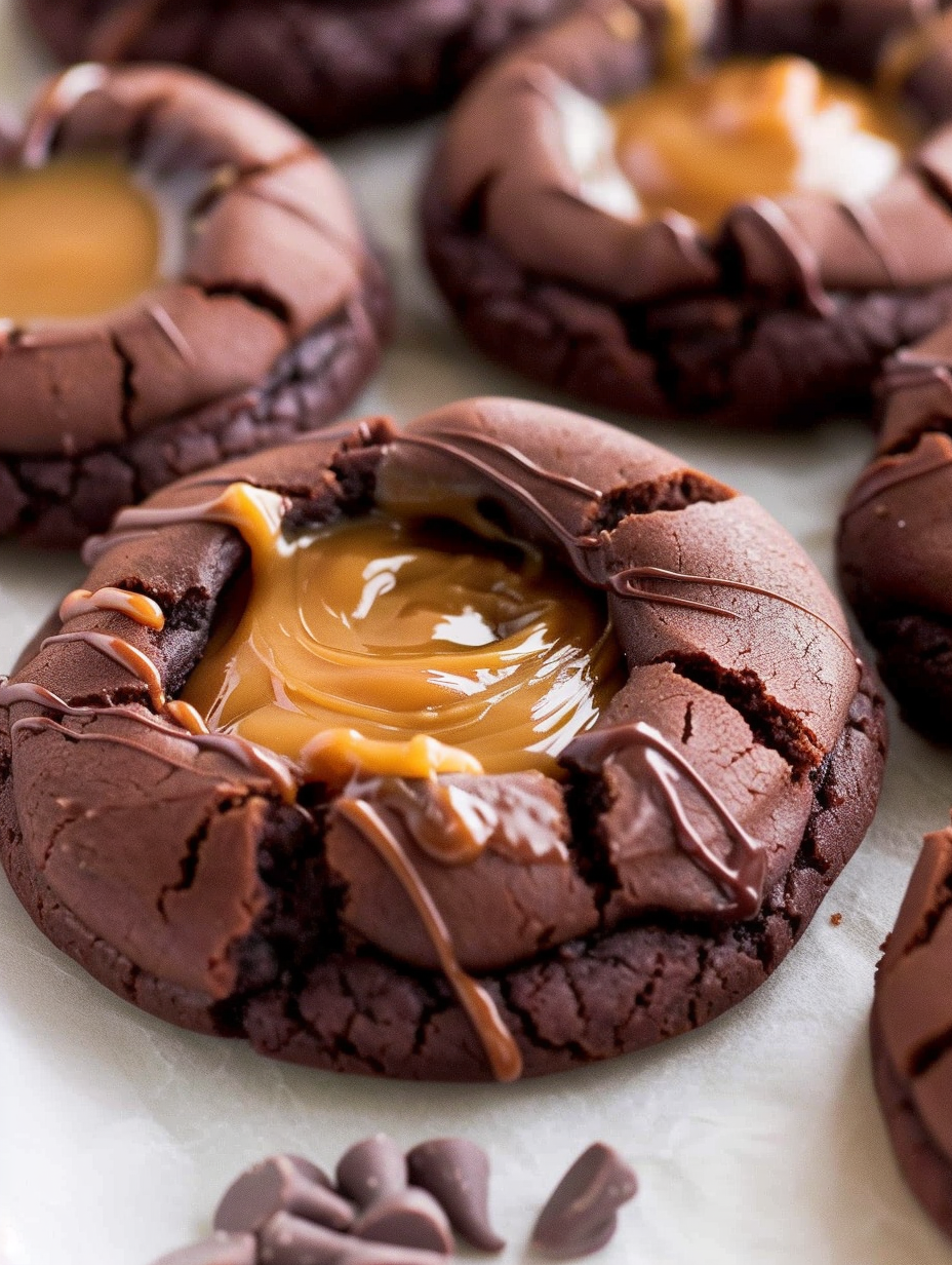 Tray of thumbprint cookies cooling on parchment