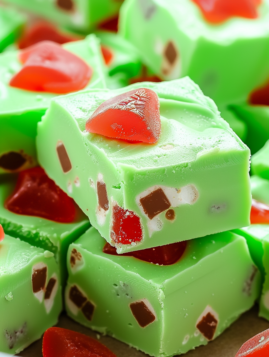 Close-up of Grinch Fudge squares with gumdrops
