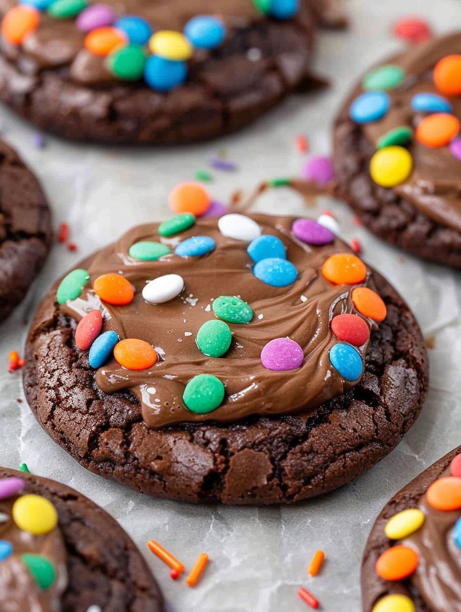 Close-up of a frosted cookie with rainbow crunch sprinkles