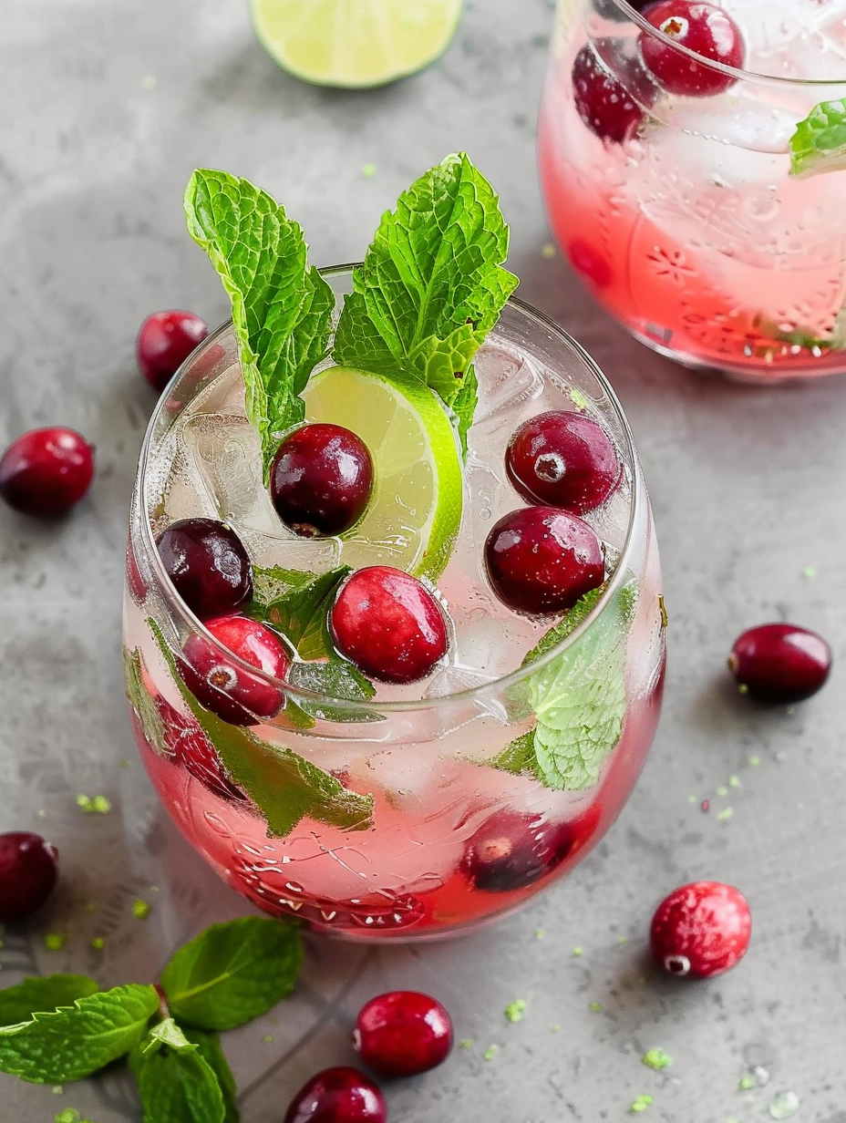 Holiday Cranberry Mojito in a glass with mint and cranberries