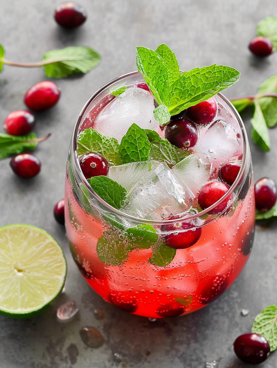 Cranberry simple syrup in a jar with fresh cranberries and mint