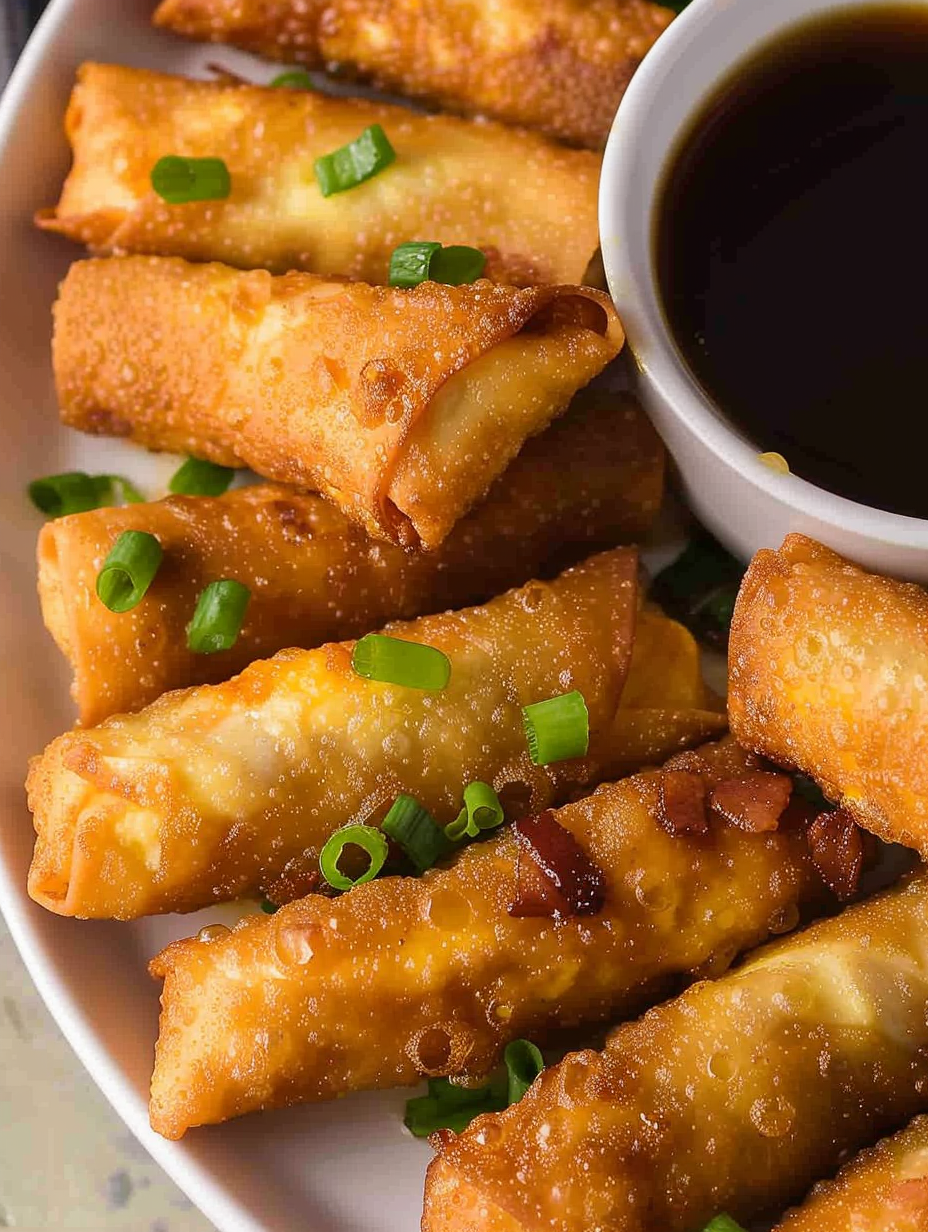 Close-up of a golden fried breakfast egg roll