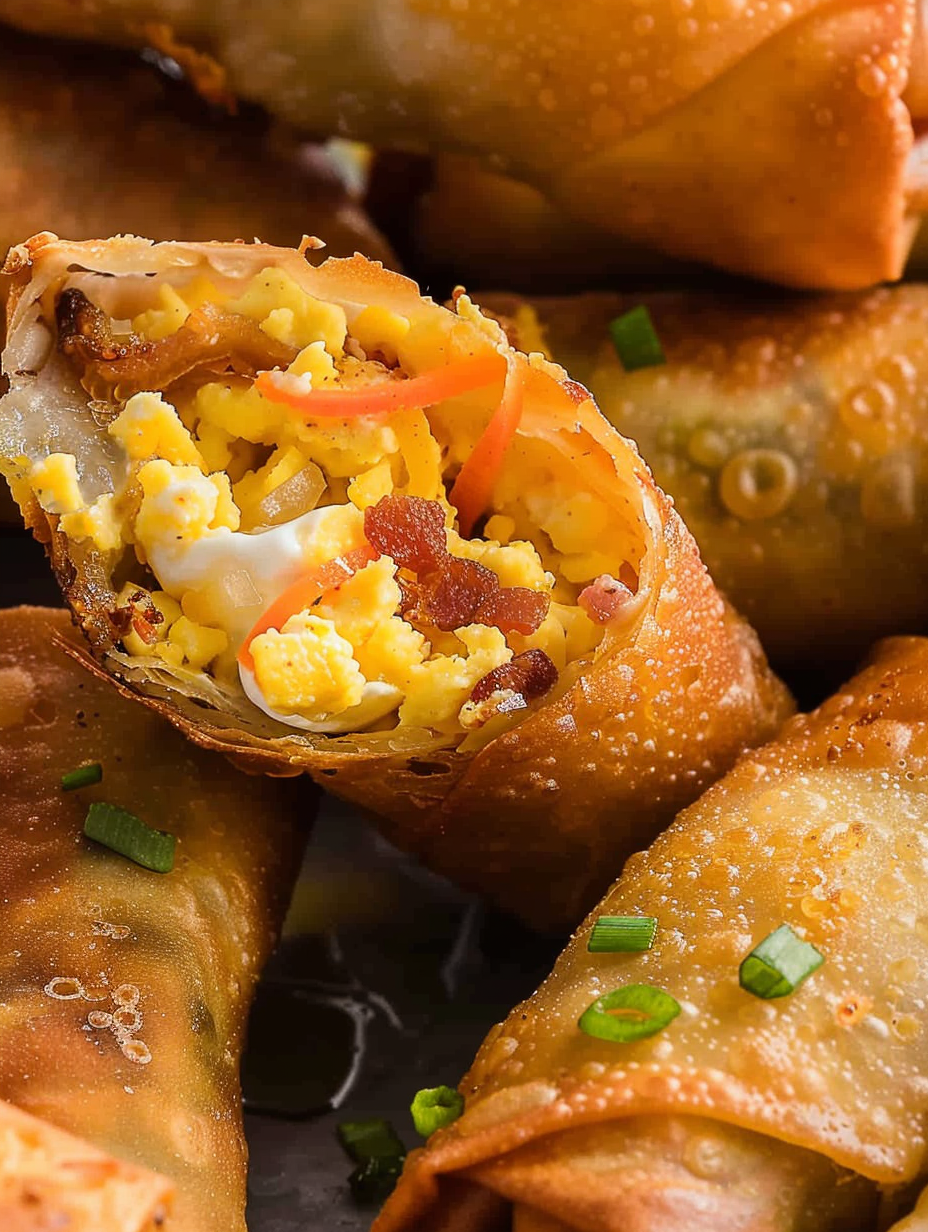 Breakfast egg rolls on a serving plate