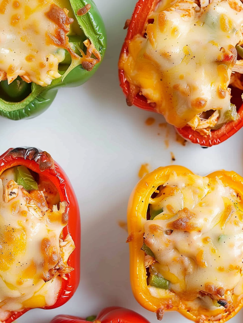 Chicken stuffed bell peppers arranged in casserole dish
