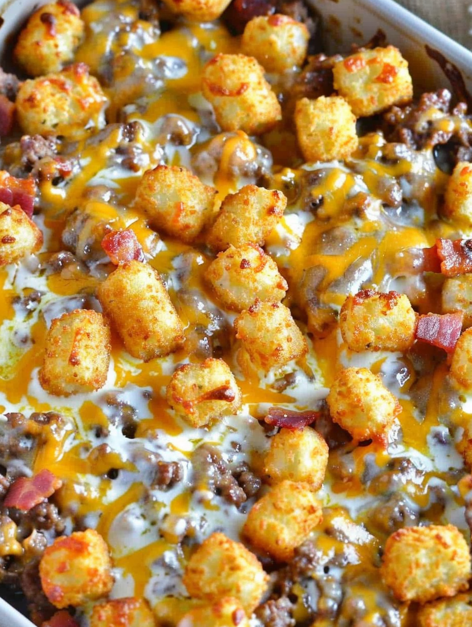 Cheeseburger Tater Tot Casserole in a 9 x 13 pan