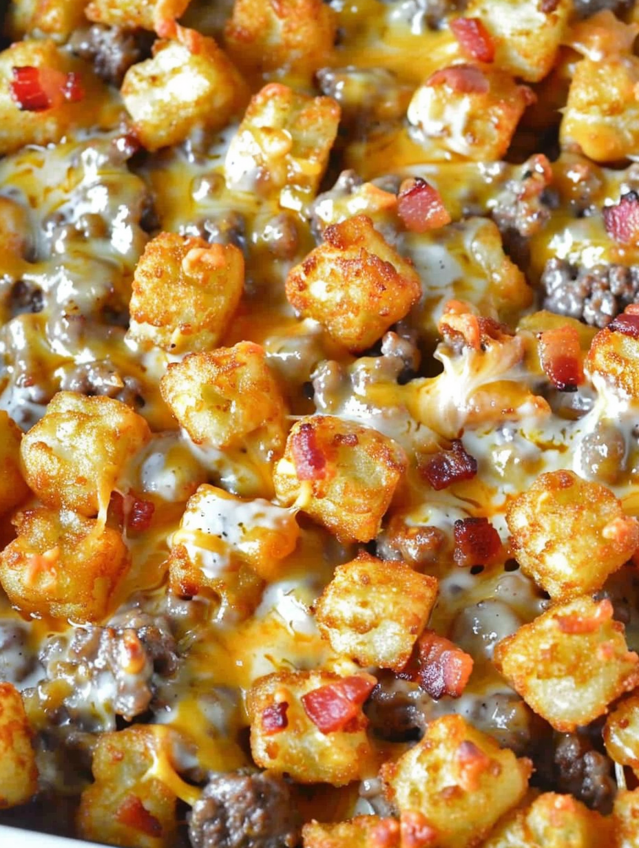 Close up of golden tater tot topping