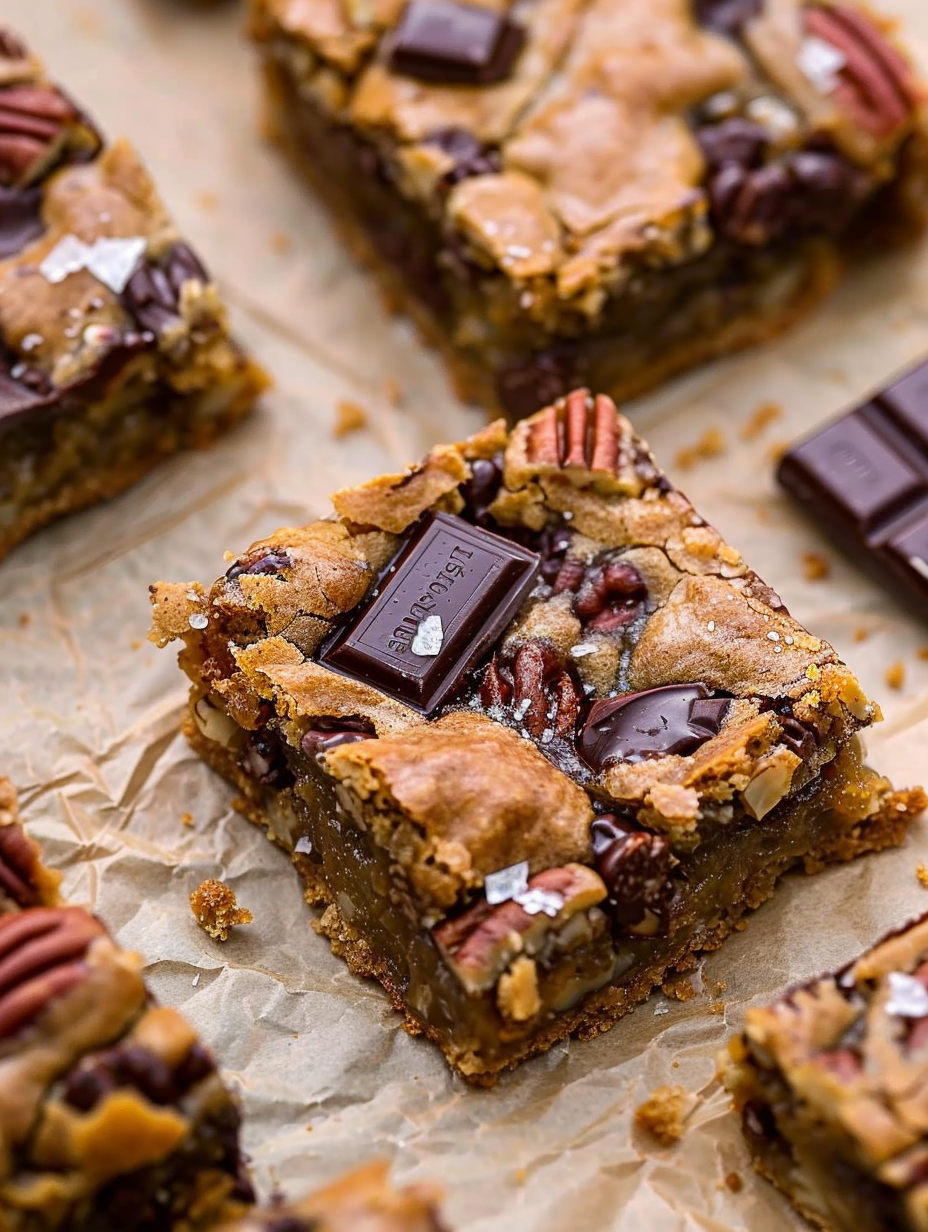 Brown Butter Bourbon Pecan Blondies in pan, cut into squares