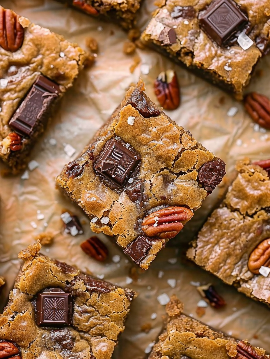 Close-up of a blondie square showing chocolate pockets and pecans