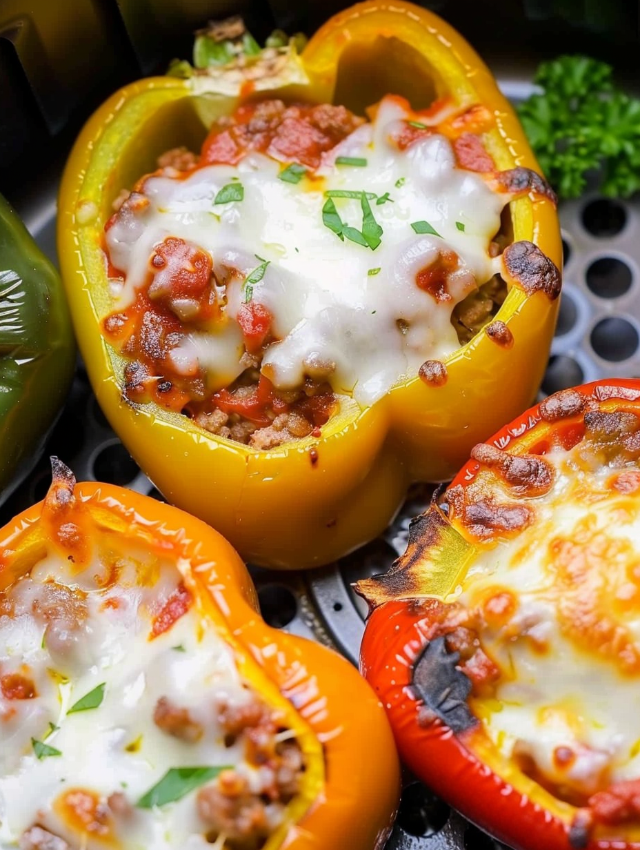Close-up of a stuffed pepper being sliced