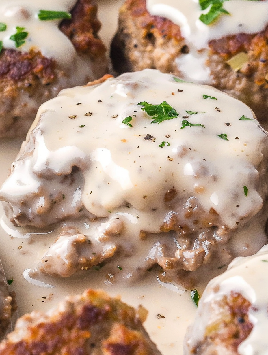 Finished hamburger steak bake garnished with parsley and ready to serve