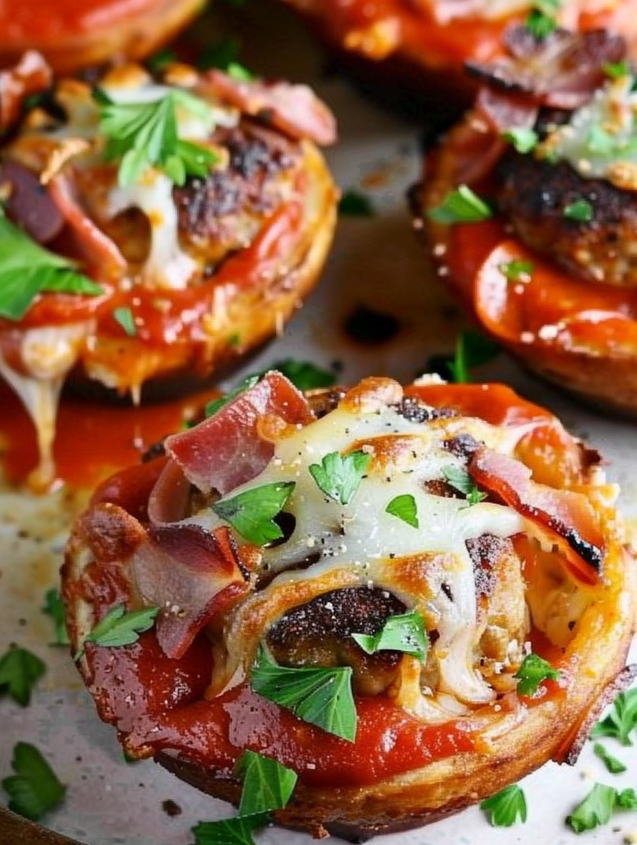 Close-up of a meat lovers mini pizza