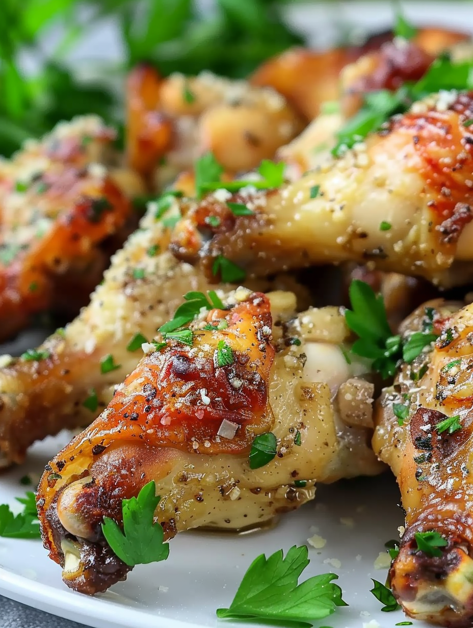 Instant Pot Garlic Parmesan Wings on a plate sprinkled with parsley