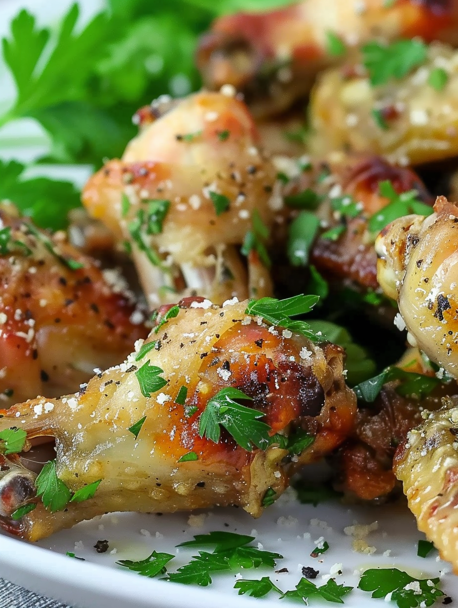 Plate of Garlic Parmesan Wings sprinkled with parsley close up