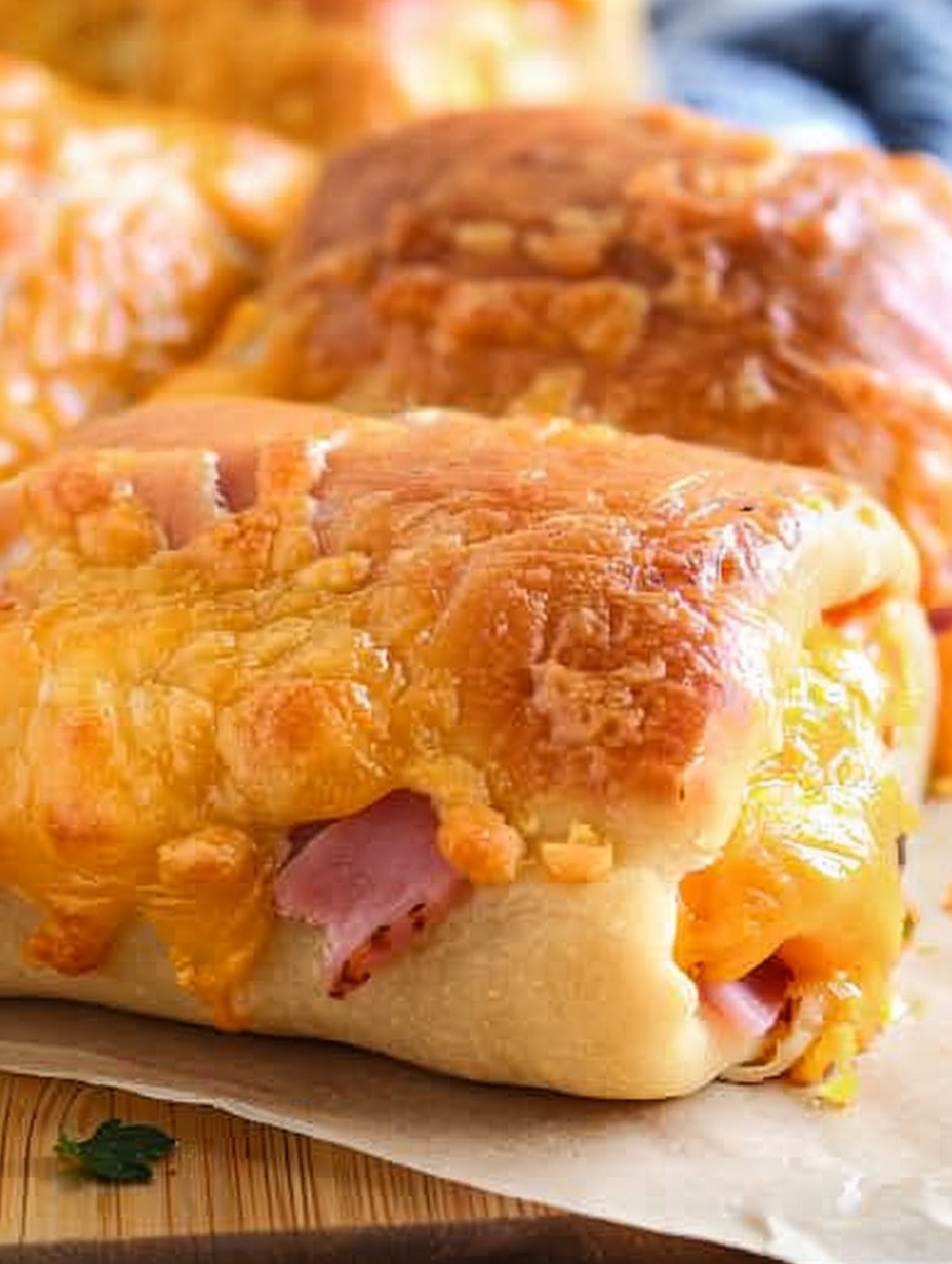 Baked hot ham and cheese rolls on parchment