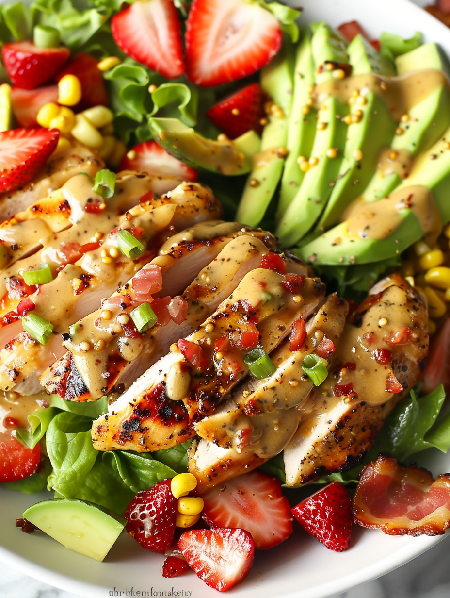Assembled honey mustard chicken salad with strawberries and avocado