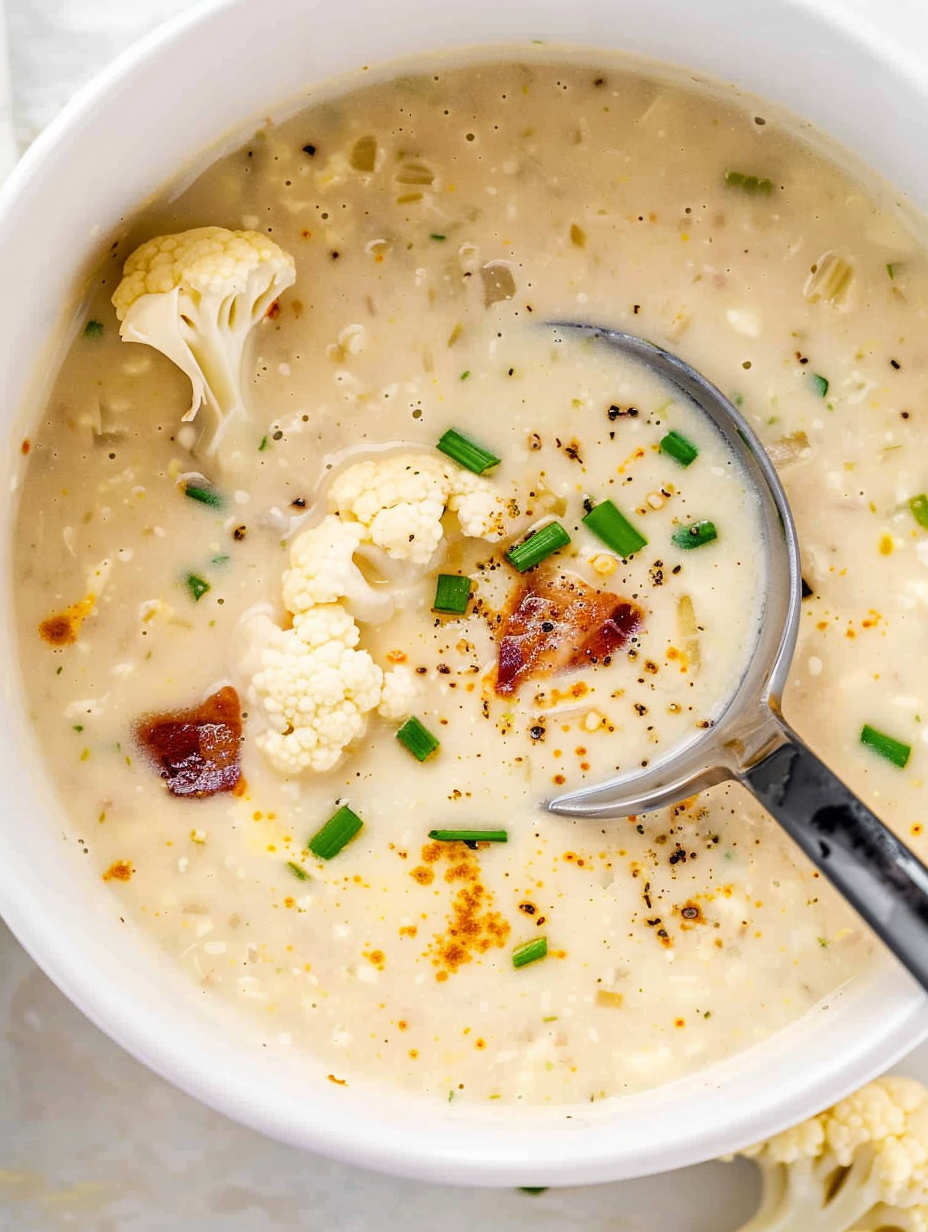 Steps showing sautéing aromatics and cauliflower being added to pot