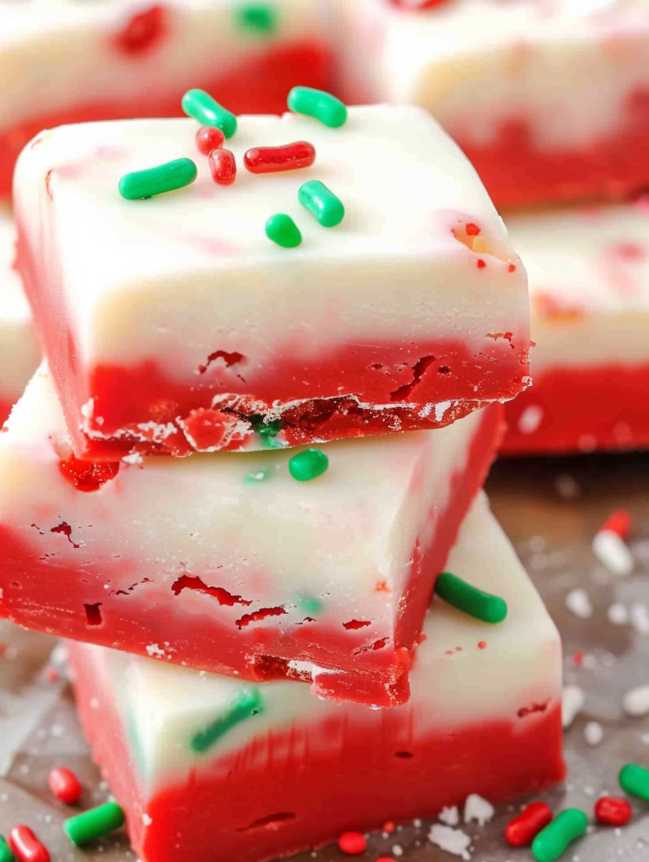 Red and white layered fudge in an 8x8 pan