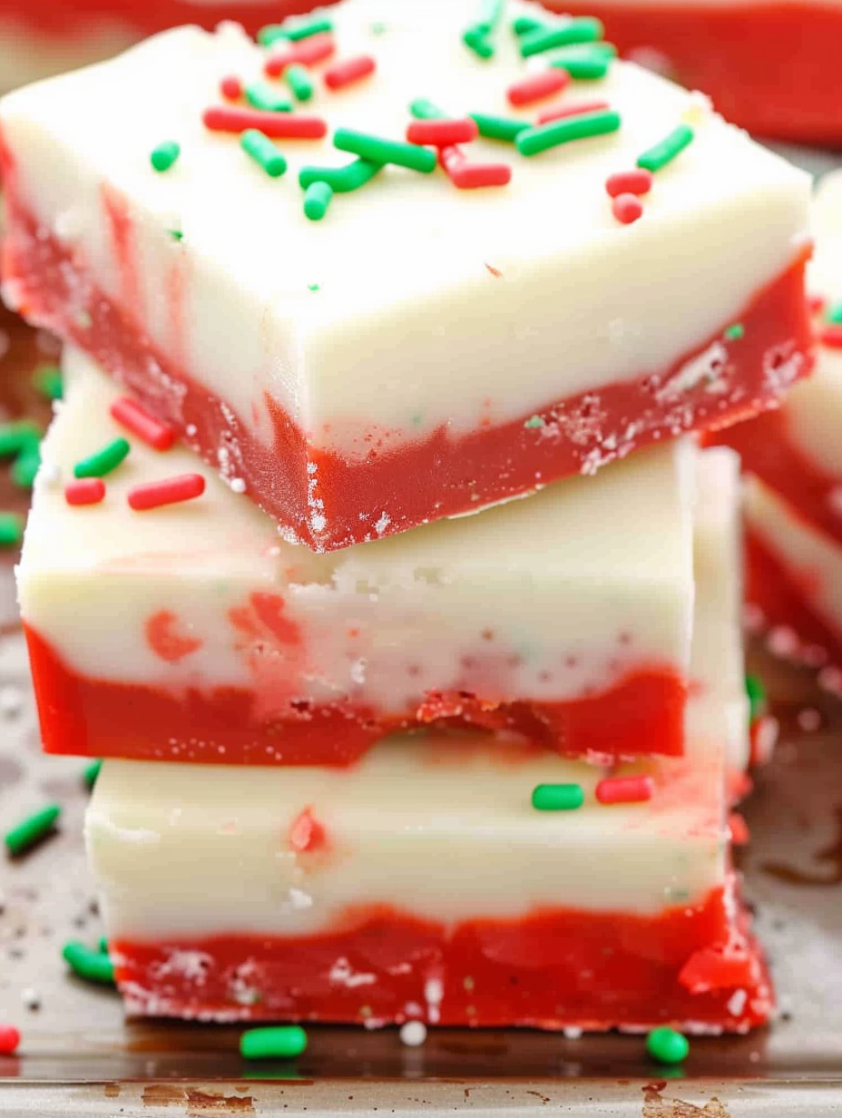 Close-up of a cut piece of cake batter fudge with sprinkles